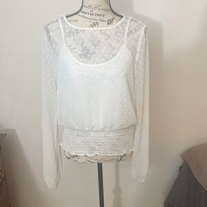 Francesca’s White Sheer Polka Dot Blouse